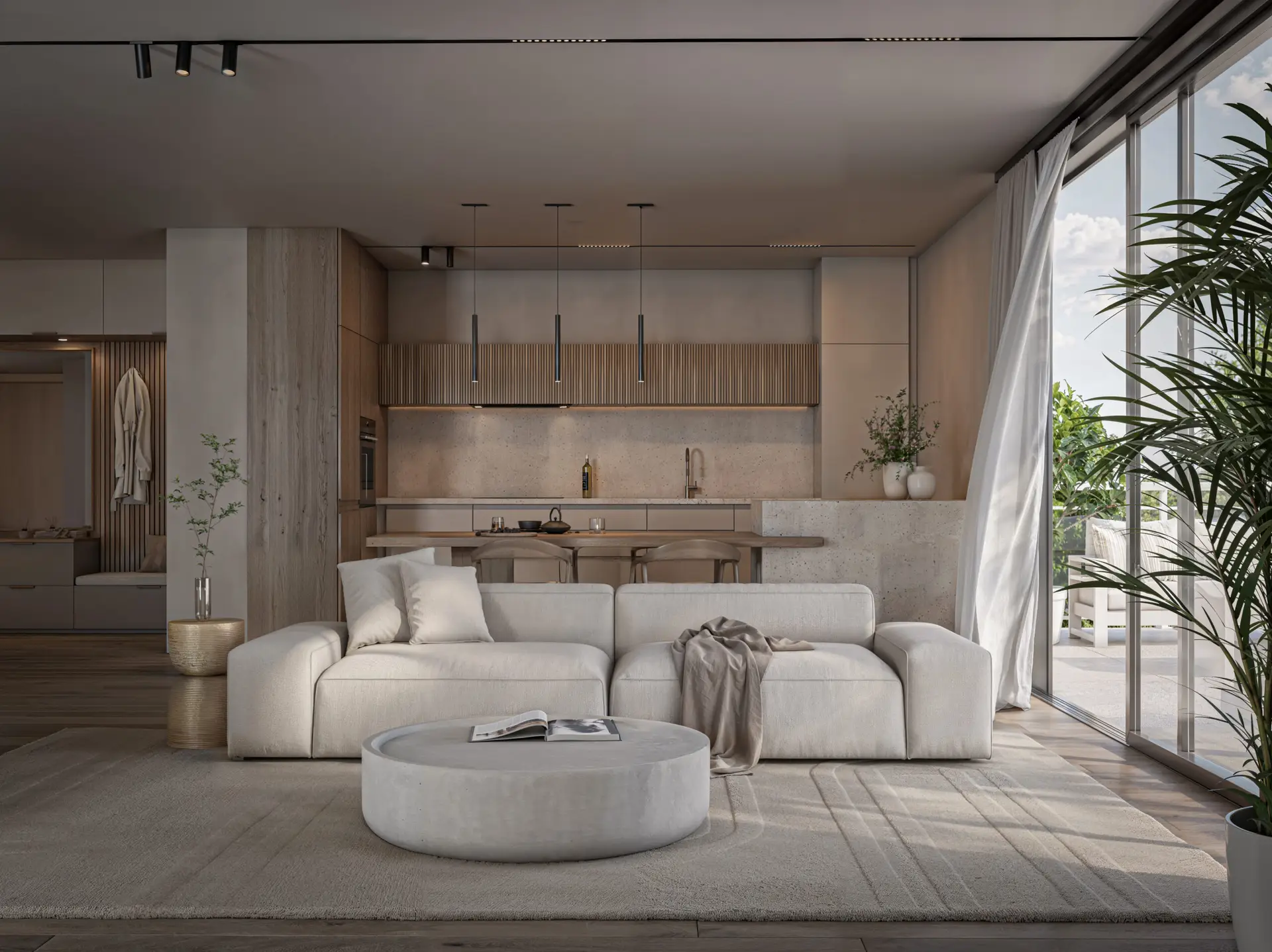 Image 3D réaliste d’un intérieur lumineux, utilisée pour illustrer un bien en mandat exclusif.