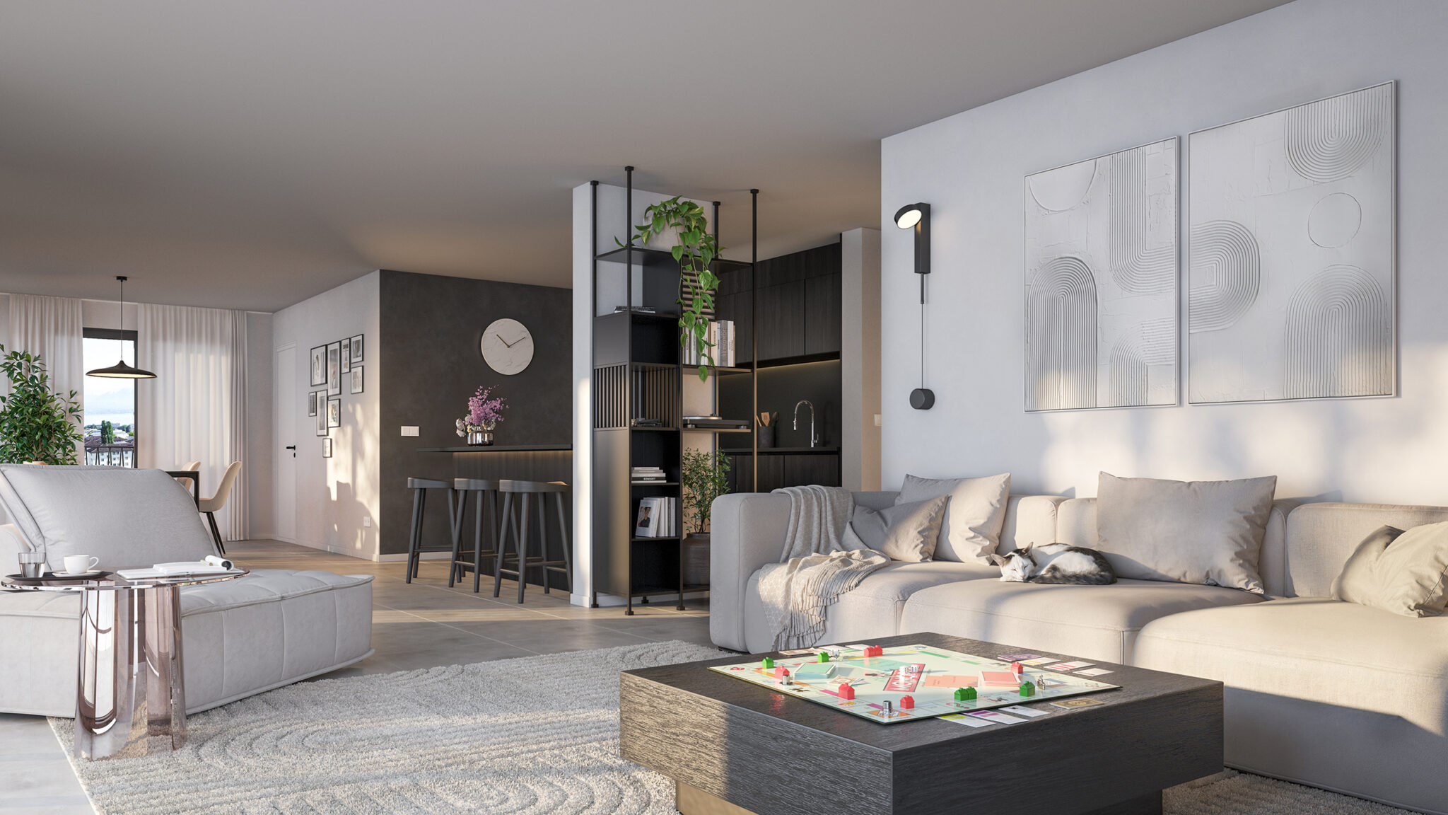 Image 3D réaliste intérieur d’un salon contemporain - Prilly - visualisation architecturale par Archi’Biens