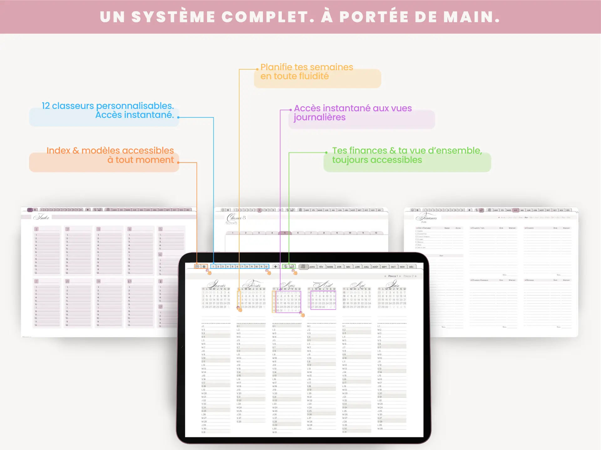 Navigation fluide planner digital interactif avec onglets mensuels hebdomadaires et journaliers