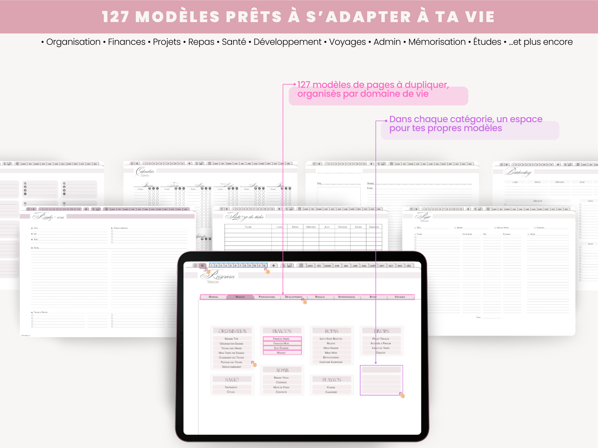 127 modèles de pages planner digital interactif classés par catégories de vie