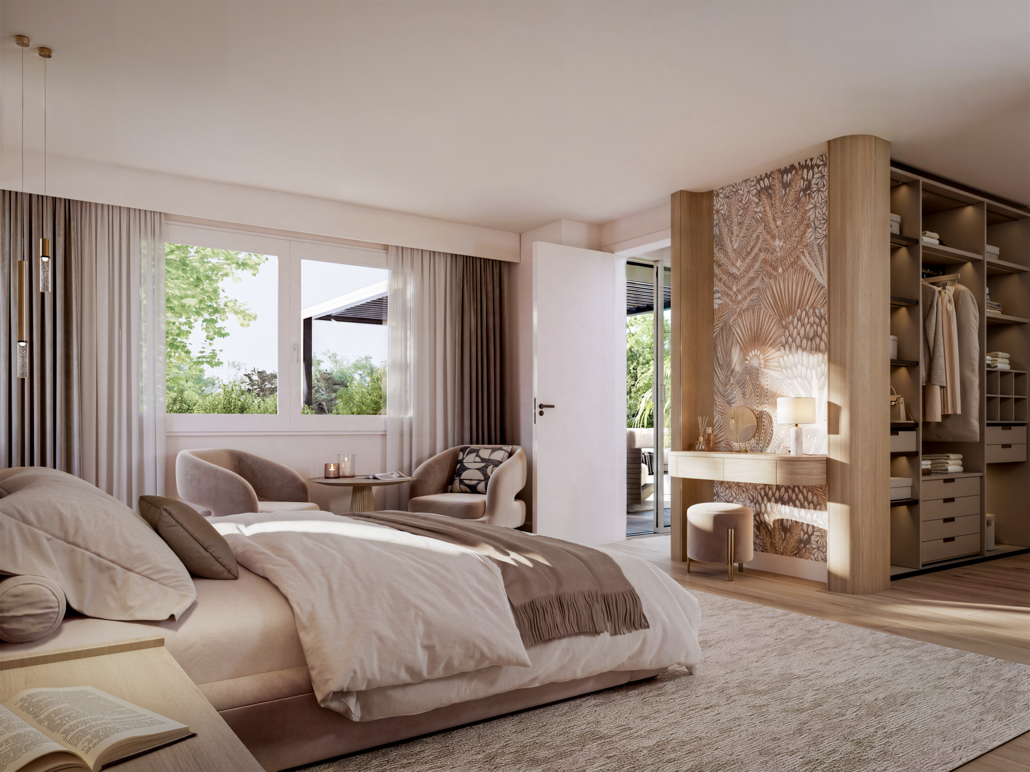 Chambre d’attique lumineuse avec mobilier sur mesure, matières douces et ambiance chaleureuse.