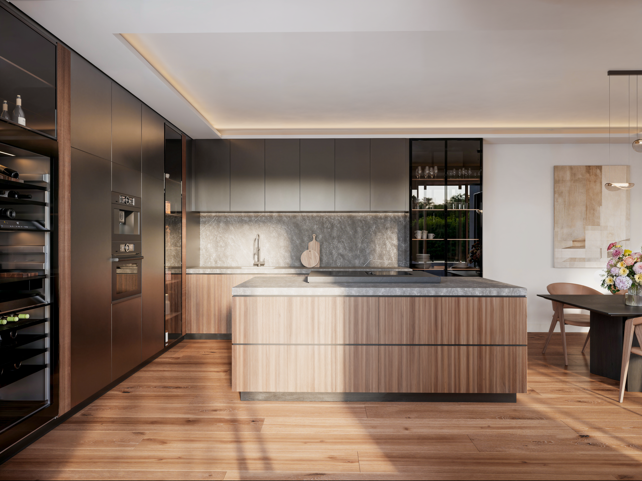 Cuisine ouverte contemporaine baignée de lumière naturelle avec îlot central et matériaux chaleureux.