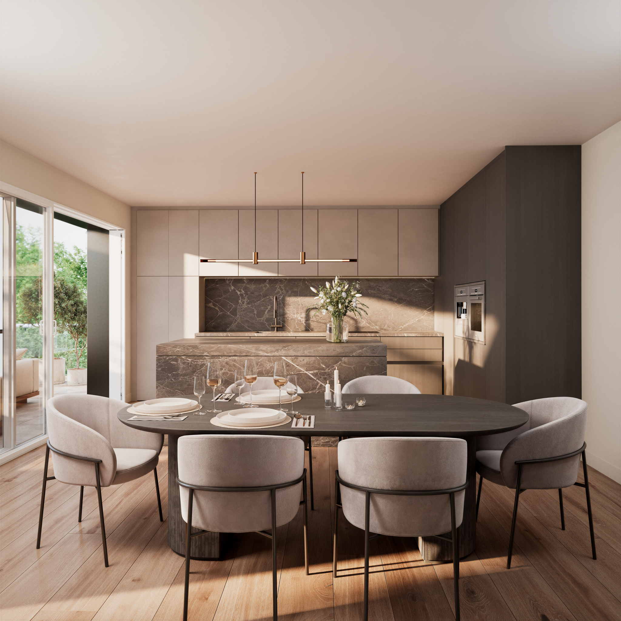 Cuisine et salle à manger contemporaines en visualisation 3D avec lumière douce et ambiance conviviale. Cuisine et salle à manger contemporaines Cuisine et salle à manger contemporaines en visualisation 3D avec lumière douce et ambiance conviviale.
