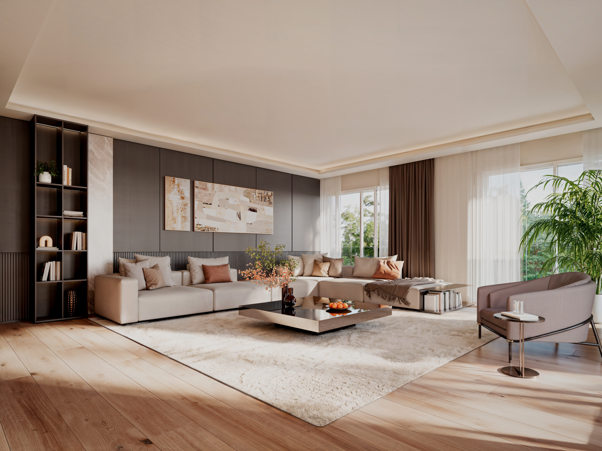 Salon contemporain lumineux avec mobilier chaleureux, grande baie vitrée et atmosphère apaisante.