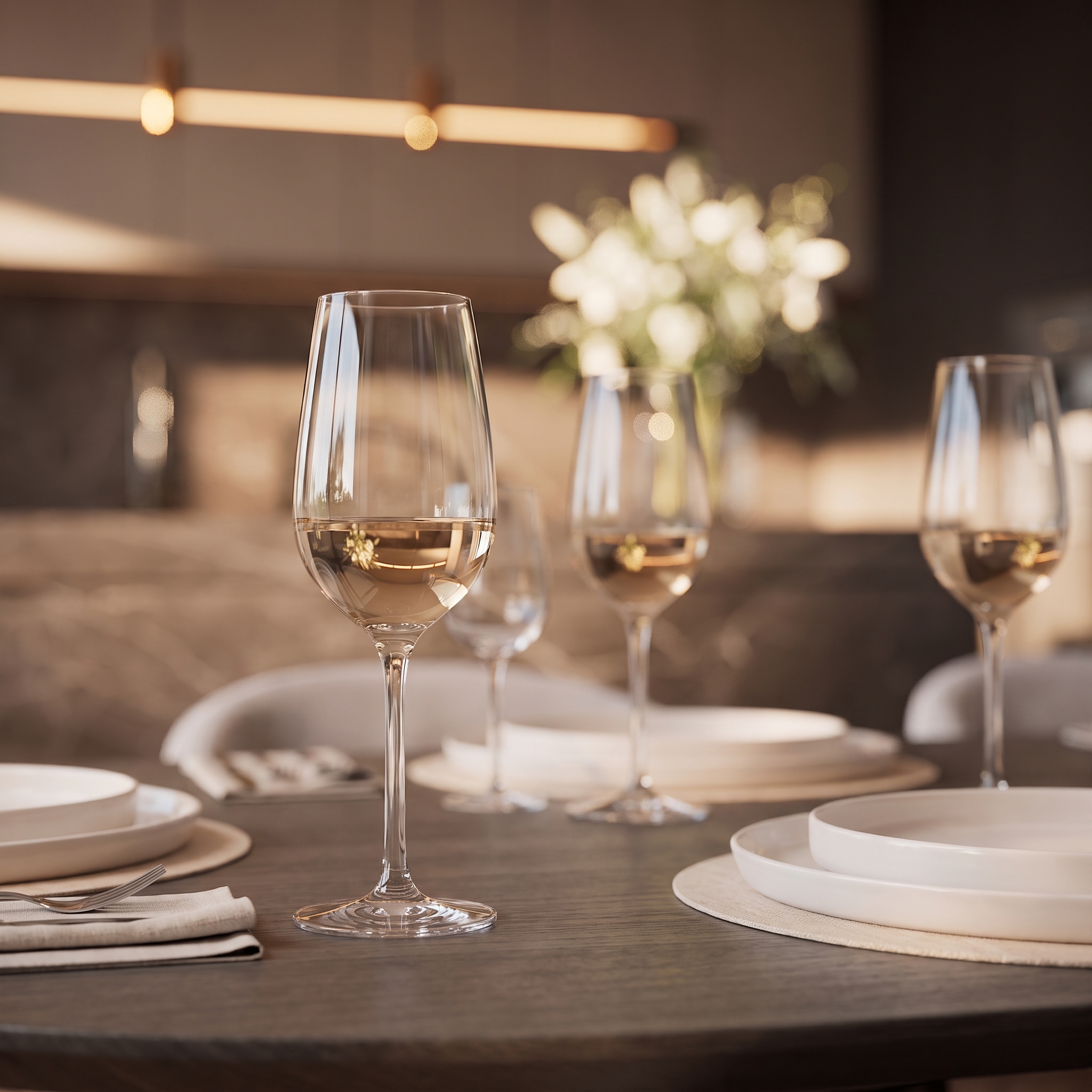 Table à manger dressée avec assiettes, verres, couverts et bougies, face à une cuisine contemporaine baignée de lumière chaude.