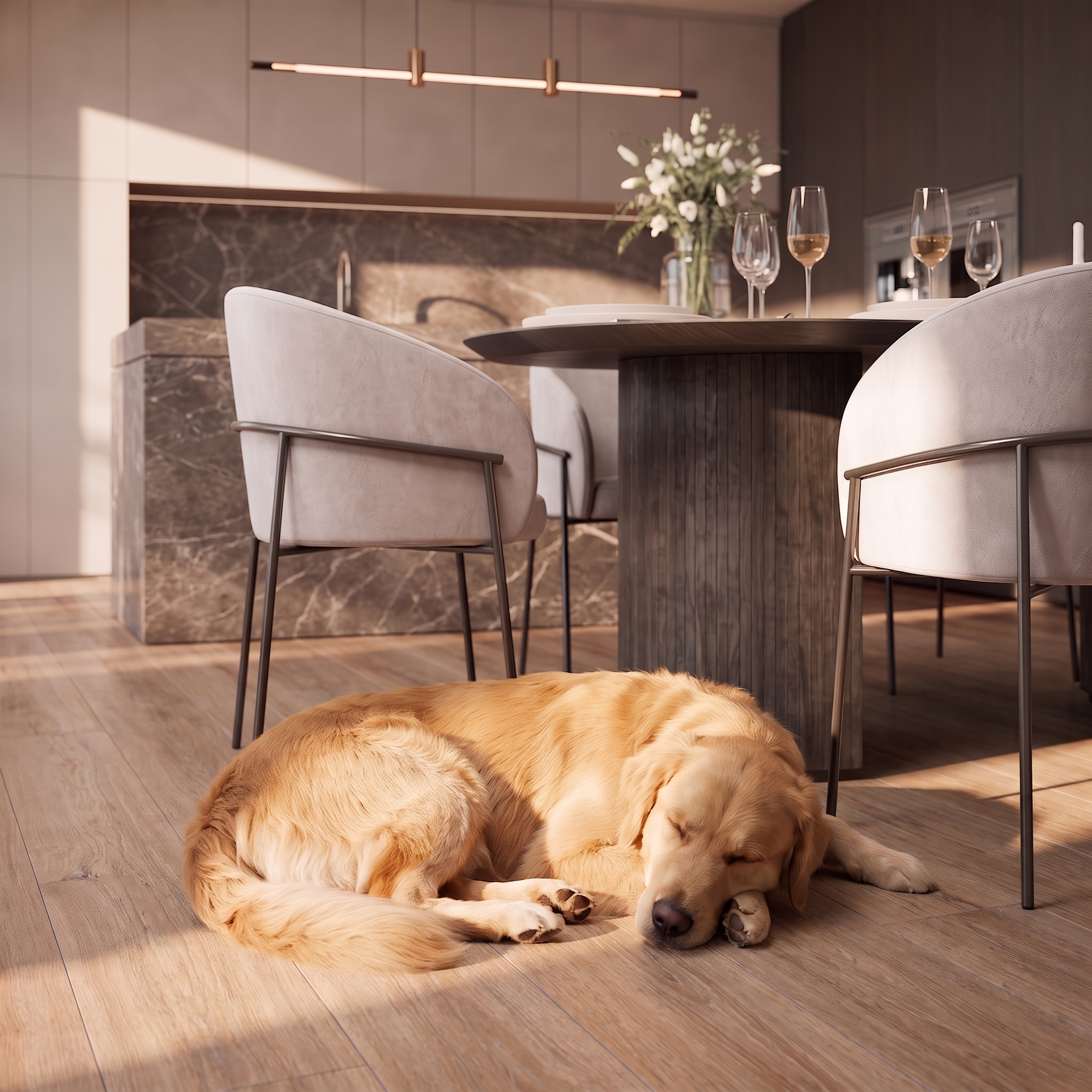 Chien golden retriever endormi sur un parquet en bois, près d’une table à manger dressée dans une cuisine contemporaine lumineuse.