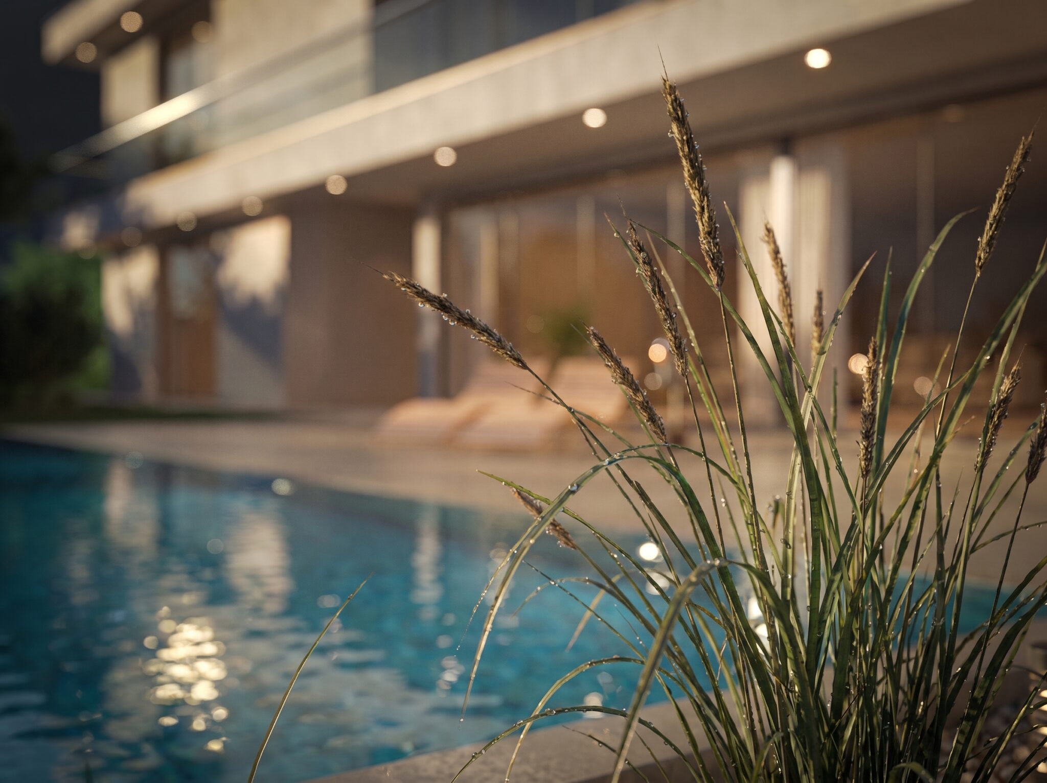 Rendu 3D extérieur d’une piscine devant une villa contemporaine, avec graminées en premier plan et lumière douce en soirée.