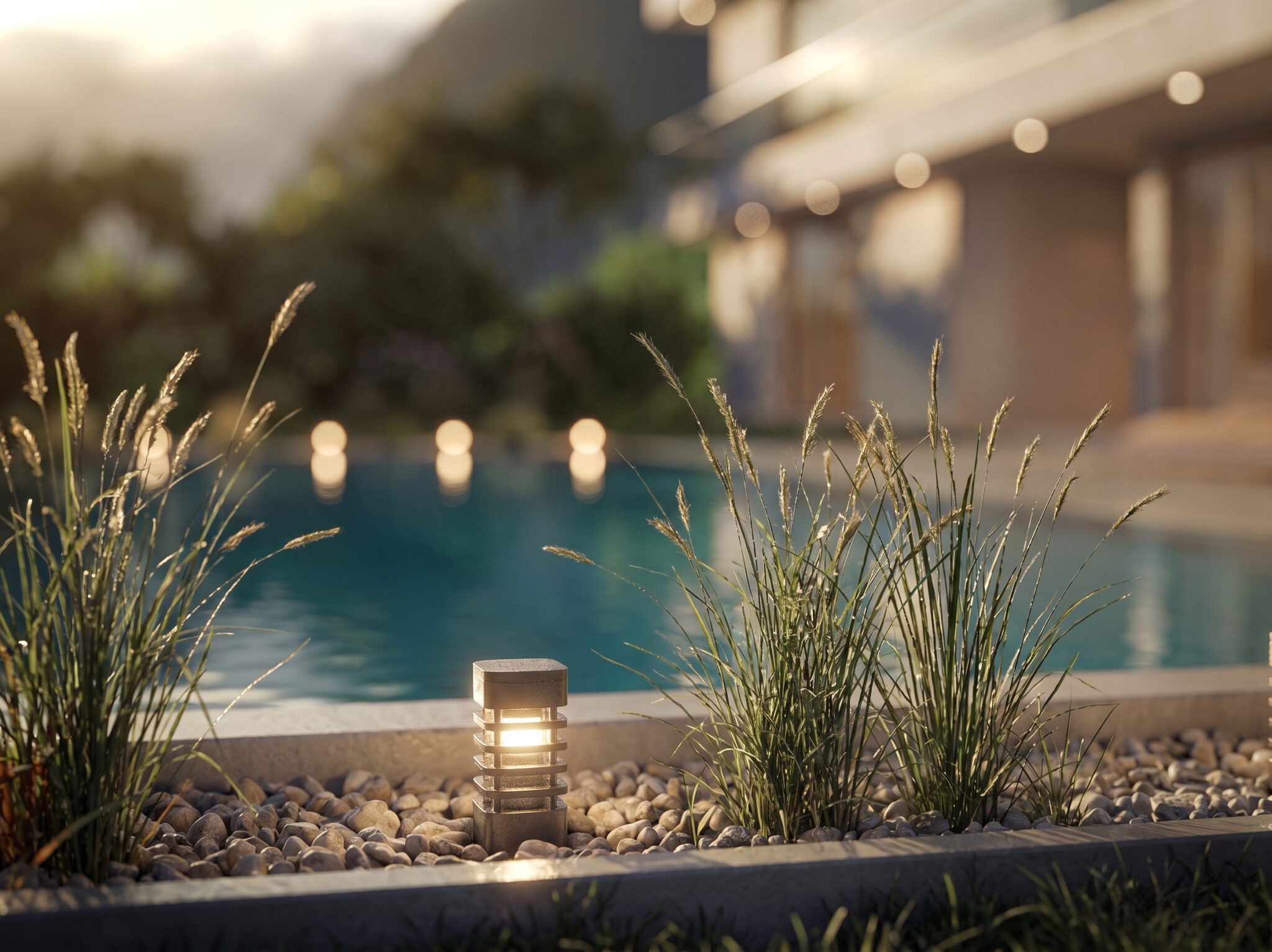 Rendu 3D d’un aménagement paysager avec graminées, galets, éclairage extérieur et piscine contemporaine en arrière-plan.