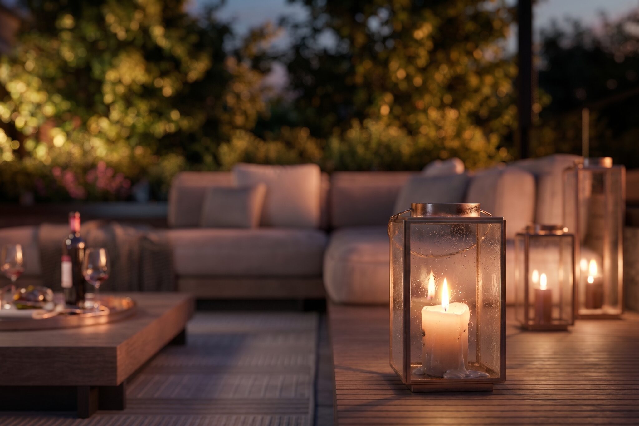 Rendu 3D d’une terrasse attique avec lanternes allumées, canapé extérieur et ambiance chaleureuse au crépuscule.
