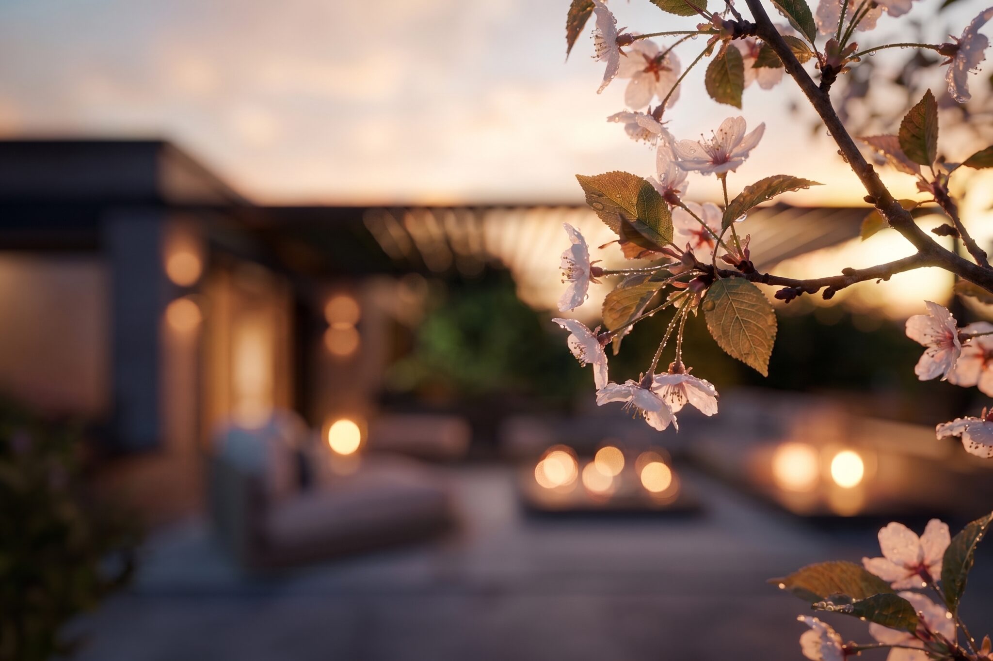 Rendu 3D extérieur d’une terrasse attique au coucher du soleil, avec fleurs en premier plan, mobilier lounge et éclairage d’ambiance.