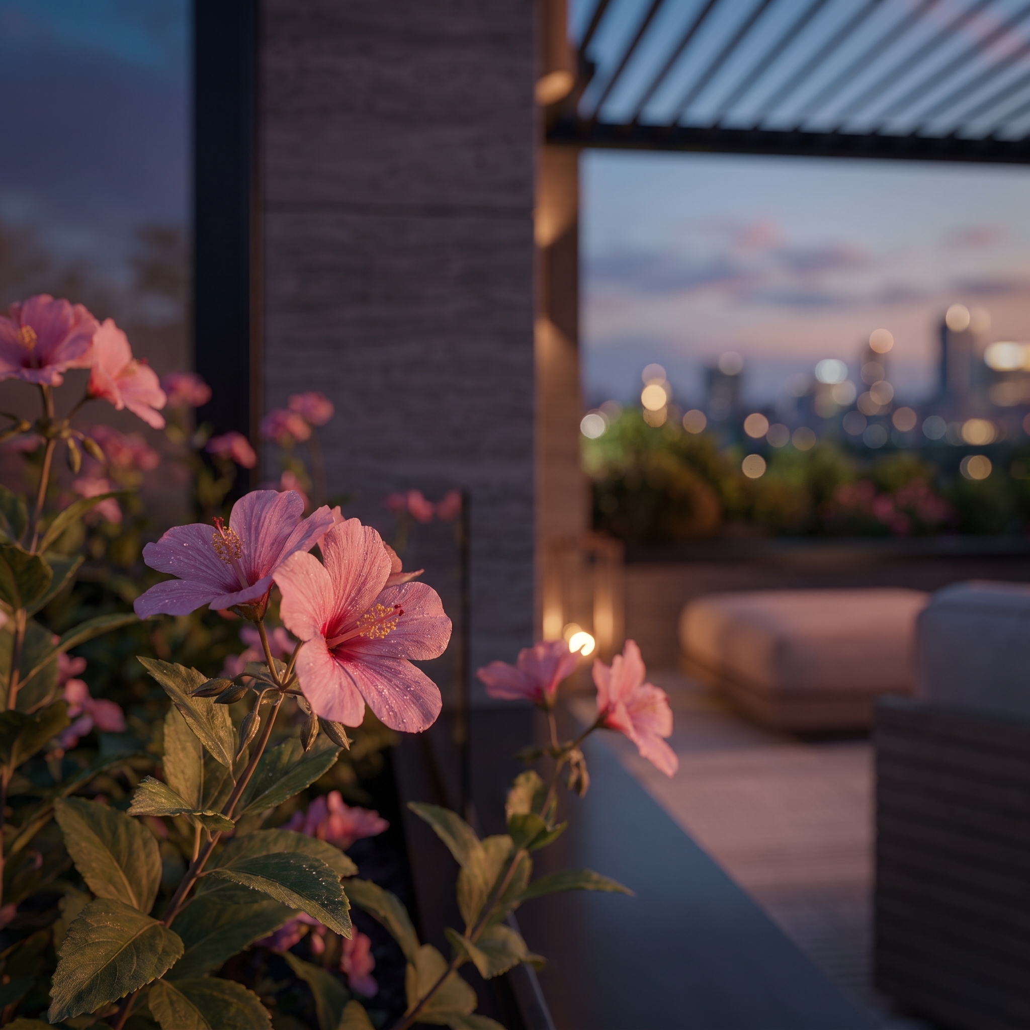Rendu 3D d’une terrasse attique avec fleurs roses en premier plan, pergola contemporaine et vue urbaine floutée en arrière-plan.