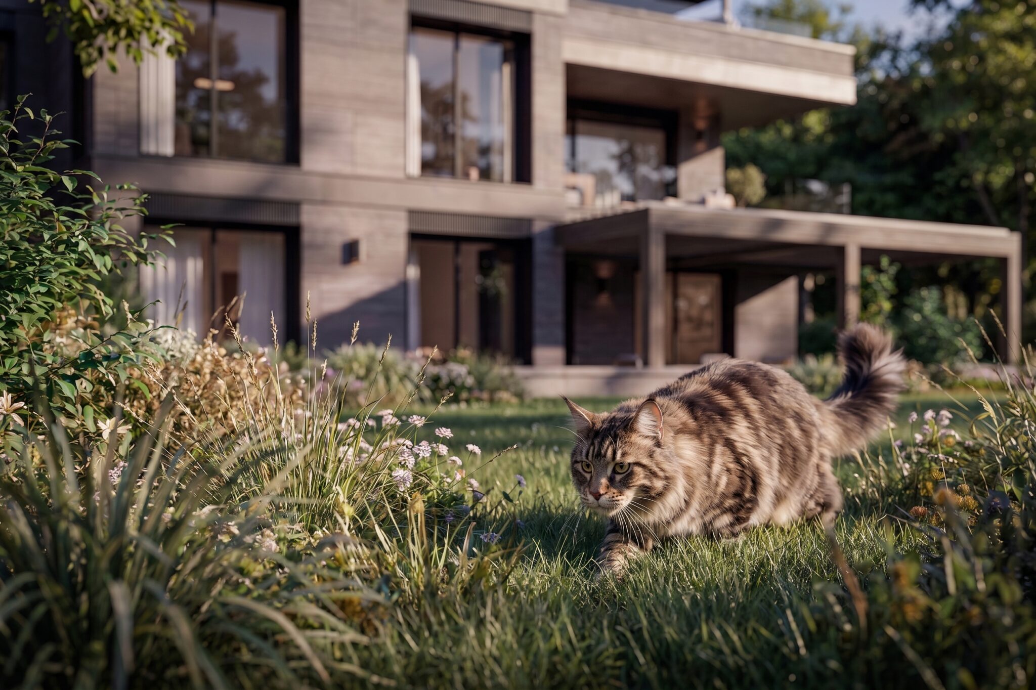 Chat tigré avançant dans un jardin fleuri devant une villa contemporaine aux grandes baies vitrées, baignée par une lumière douce de fin de journée.
