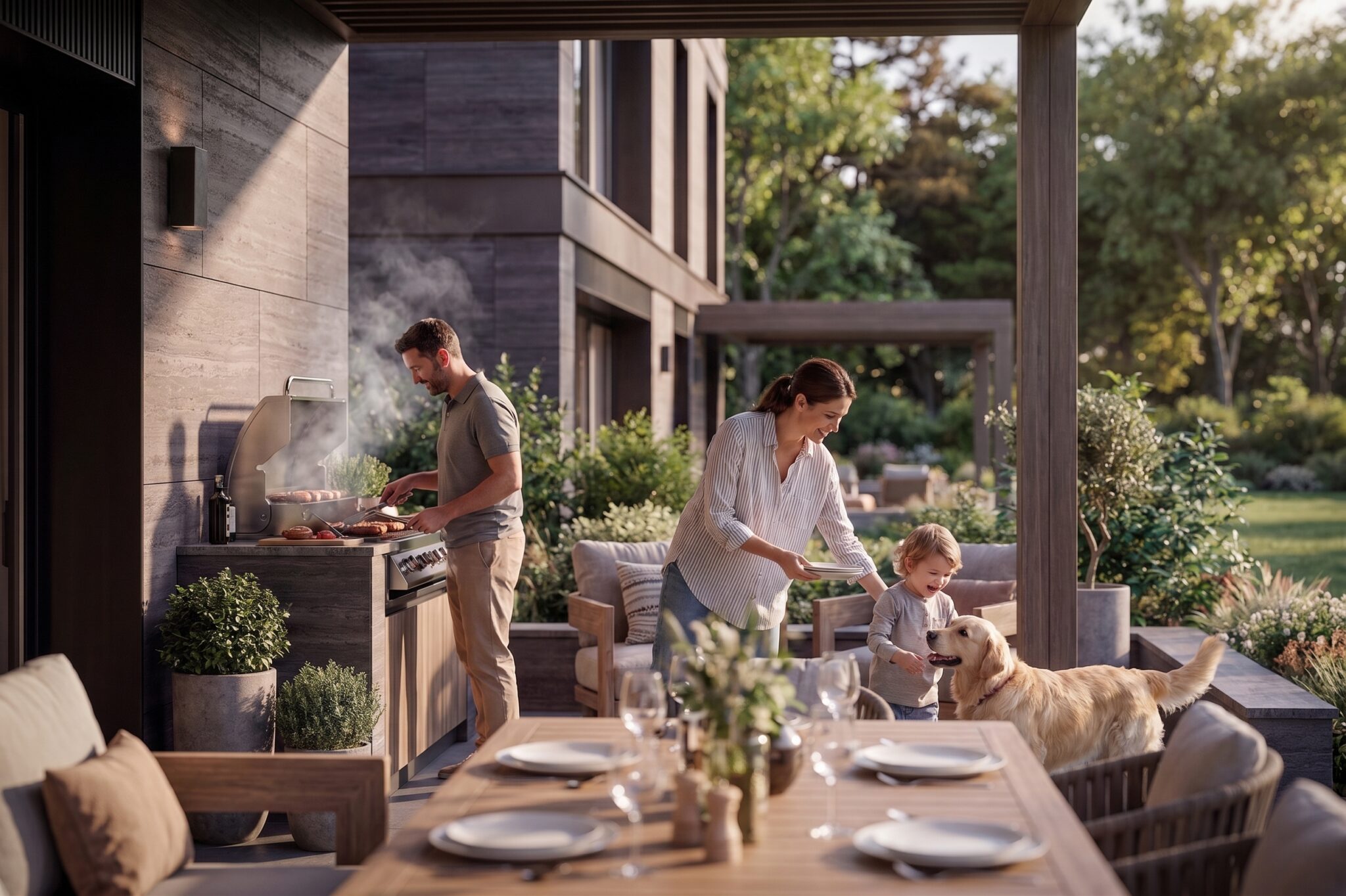 Rendu 3D extérieur d’une terrasse couverte avec cuisine d’été, table dressée, famille et chien devant une villa contemporaine.