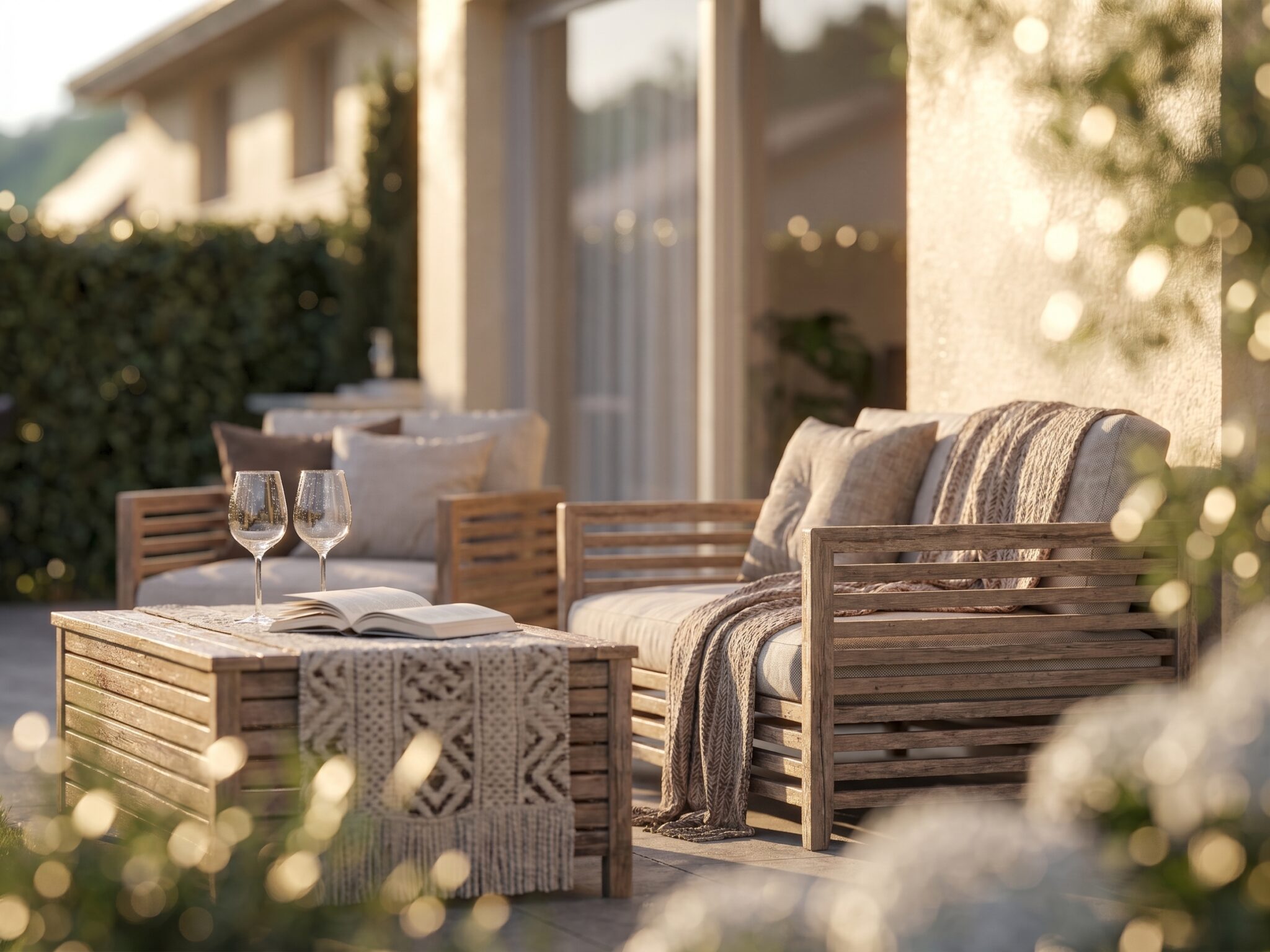 Rendu 3D d’une terrasse aménagée avec mobilier en bois, coussins, plaid, table basse, verres et livre, dans une lumière chaleureuse.