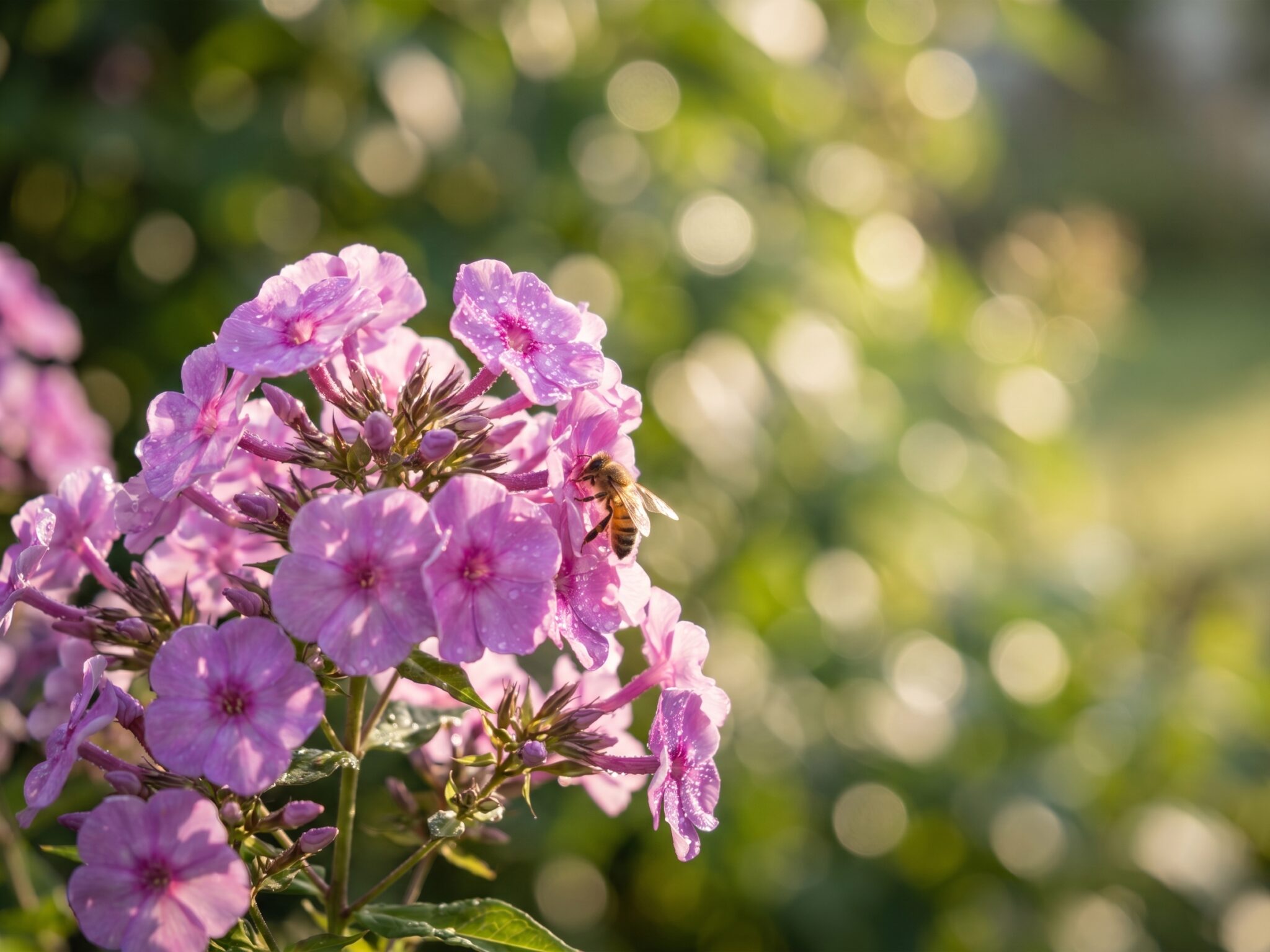 Gros plan en rendu 3D sur des fleurs roses avec une abeille, dans un jardin paysager lumineux avec arrière-plan végétal flouté.