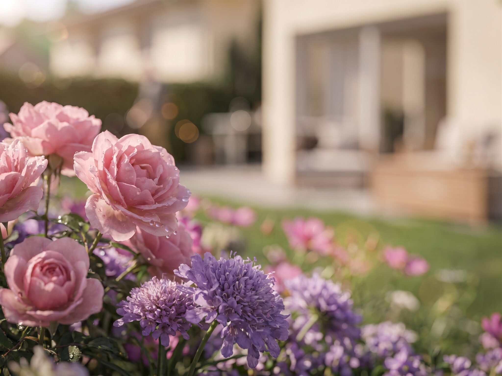Gros plan en rendu 3D sur des roses roses et fleurs violettes dans un jardin paysager, avec maison contemporaine floutée en arrière-plan.