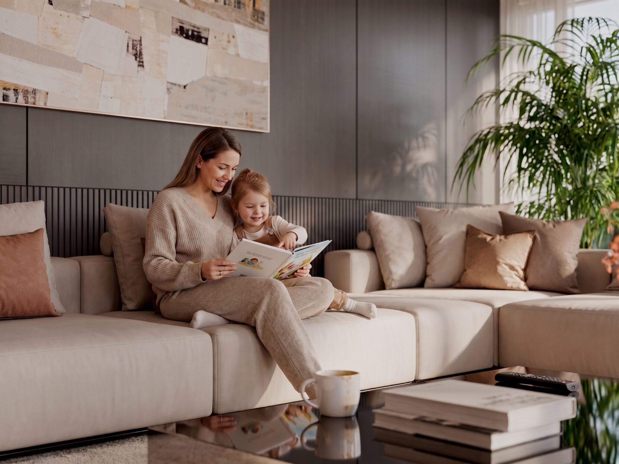 Femme et enfant lisant ensemble sur un canapé beige dans un salon chaleureux, lumineux et décoré de matières naturelles.