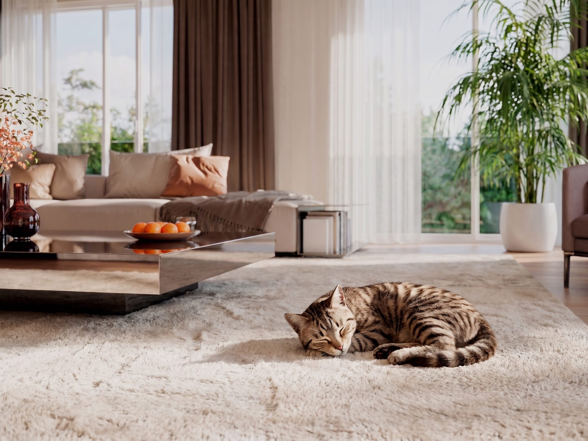 Chat tigré endormi sur un grand tapis clair dans un salon lumineux avec canapé beige, table basse et baie vitrée.