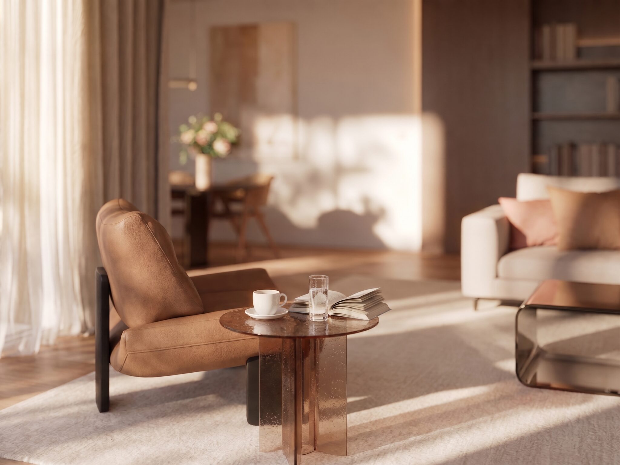 Fauteuil en cuir brun avec table d’appoint, tasse de café, livre ouvert et lunettes dans un salon feutré et lumineux.